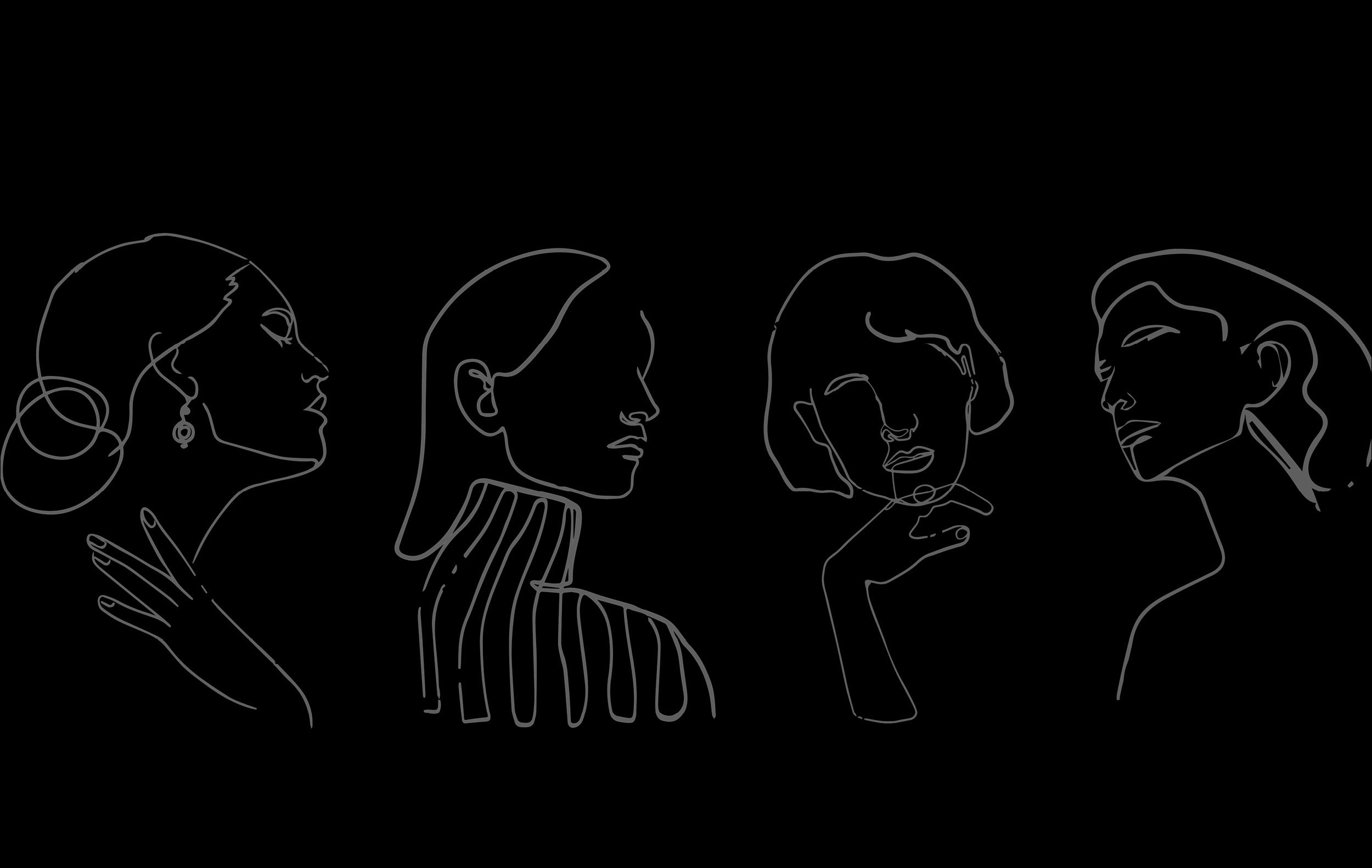 A black background with a white outline of 4 women posing in different ways.