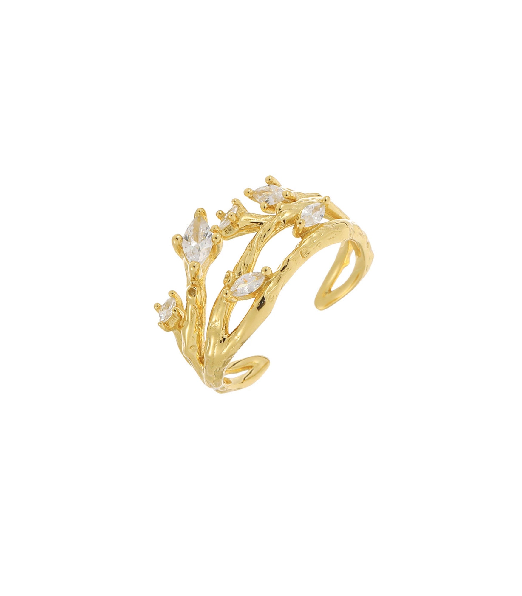 Nature Branch Gold Ring - Vine Leaves with Marquise CZ