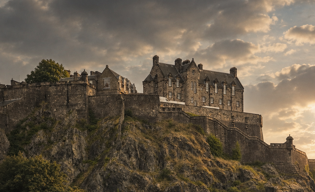 Edinburgh Castle perched on a rocky hillside above dense green trees, under a dramatic cloudy sky with warm sunlight breaking through the clouds.