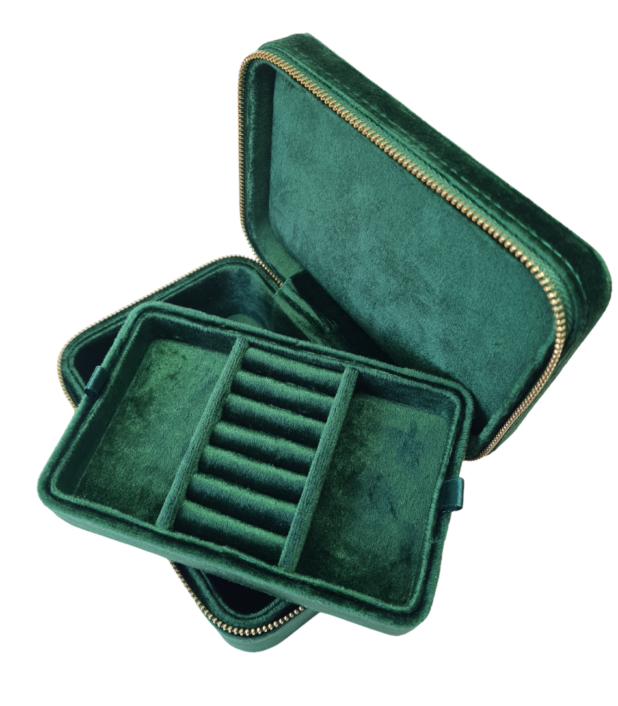 A dark green, two layer, velvet rectangle jewellery box with a zip fastening.