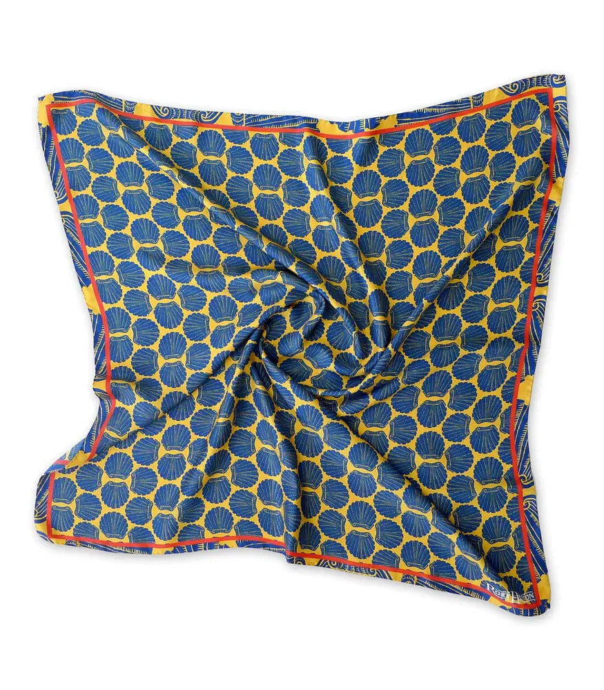 large silk and wool blend scarf featuring equestrian horses on chess board pattern, blue and orange colours