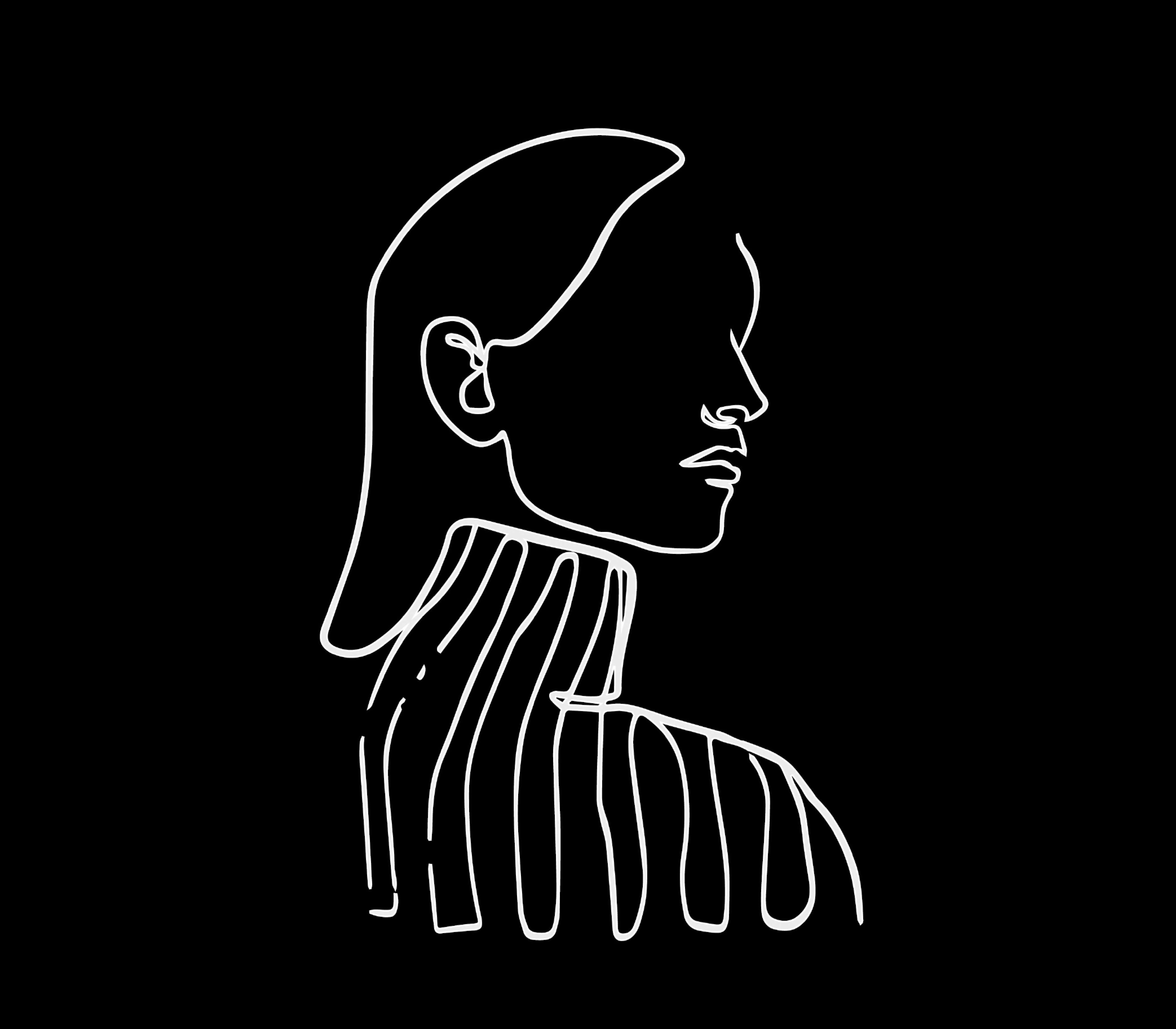 A black image with a white outline of a female figure.