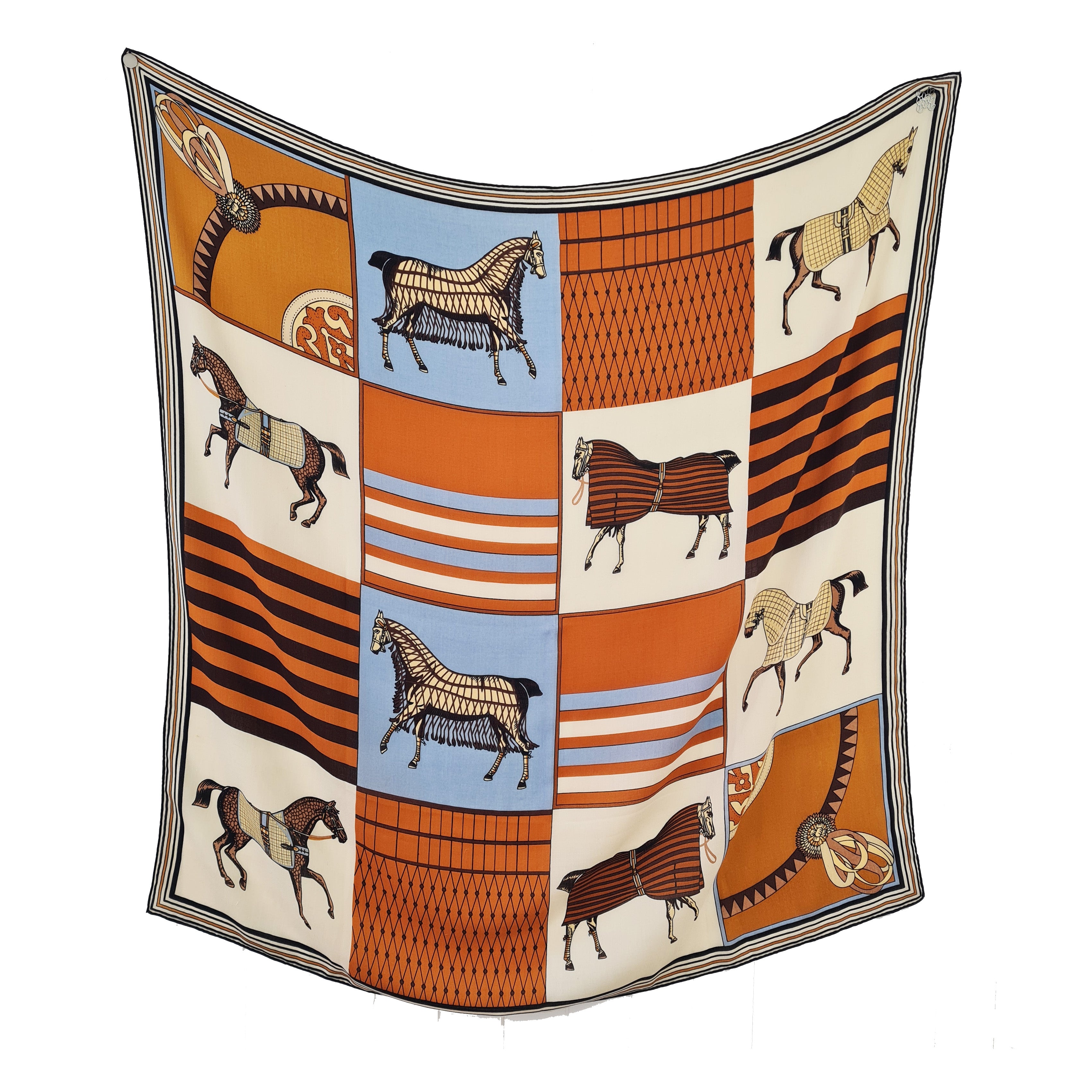 Large Silk and Wool Blend Scarf Chess Pattern Orange Horse