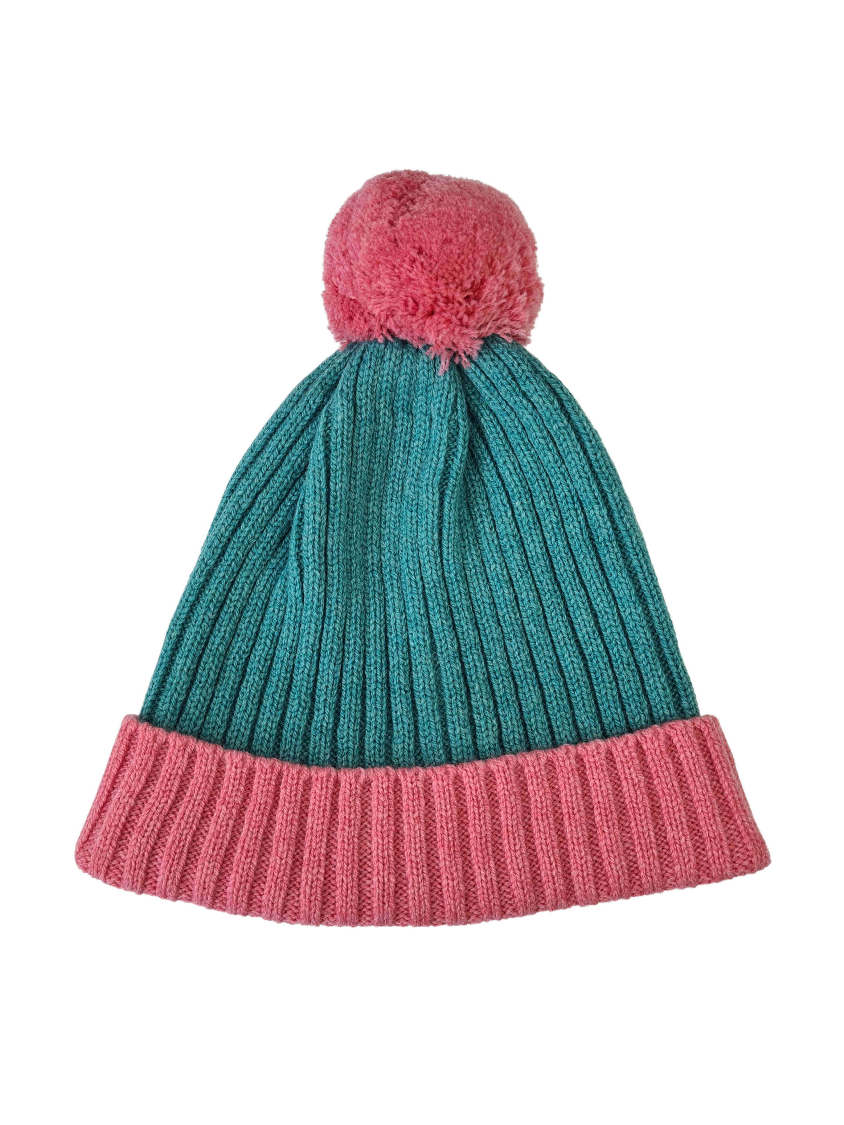 A pink and blue bobble hat. The bobble hat has a ribbed pattern and pink pom pom.