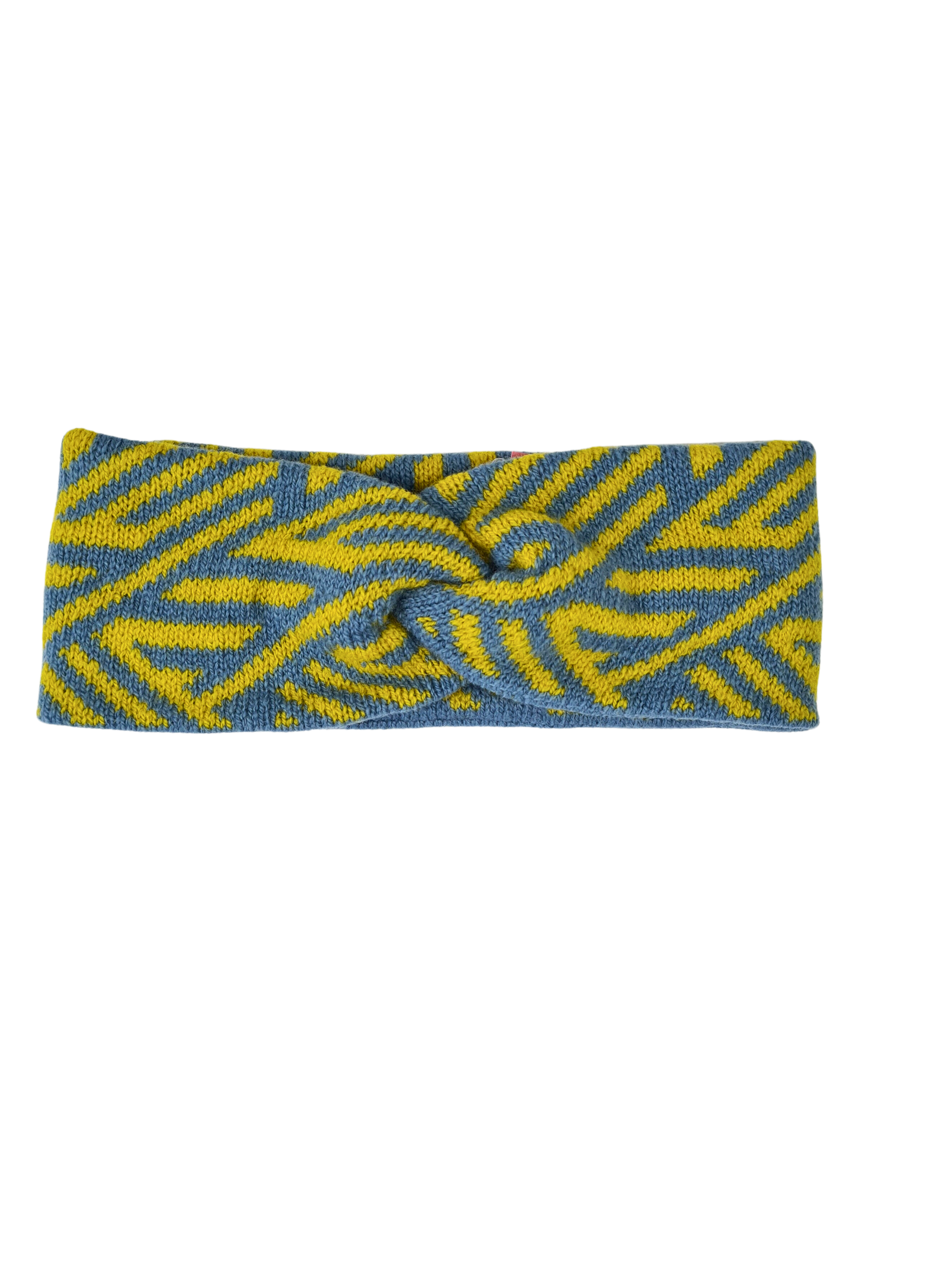 A yellow and blue twist headband. The headband has a geometric crosswise pattern.