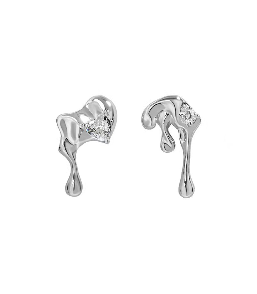 A pair of sterling silver stud earrings, shaped to resemble a droplet of water. The earrings feature a beautiful clear gemstone.