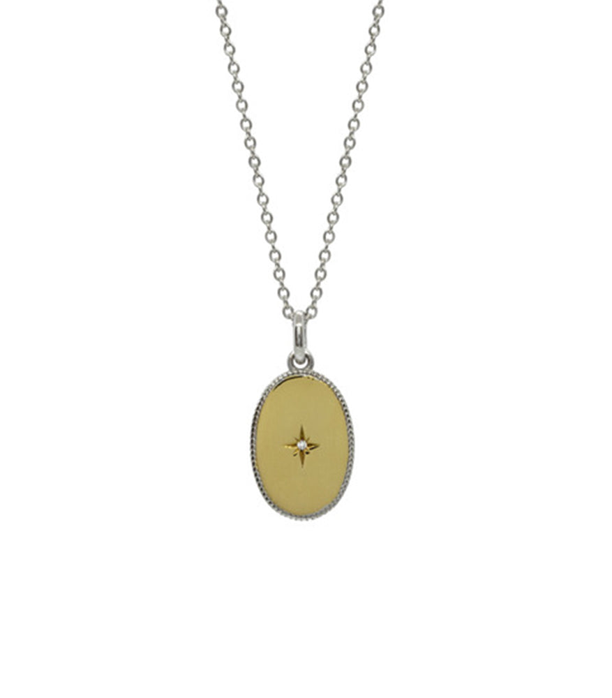 A gold vermeil necklace. The necklace has a dainty sterling silver chain with a gold vermeil oval pendant. 