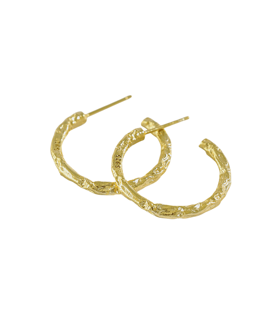 A pair of gold vermeil earrings. The earrings are dainty looking textured hoops.