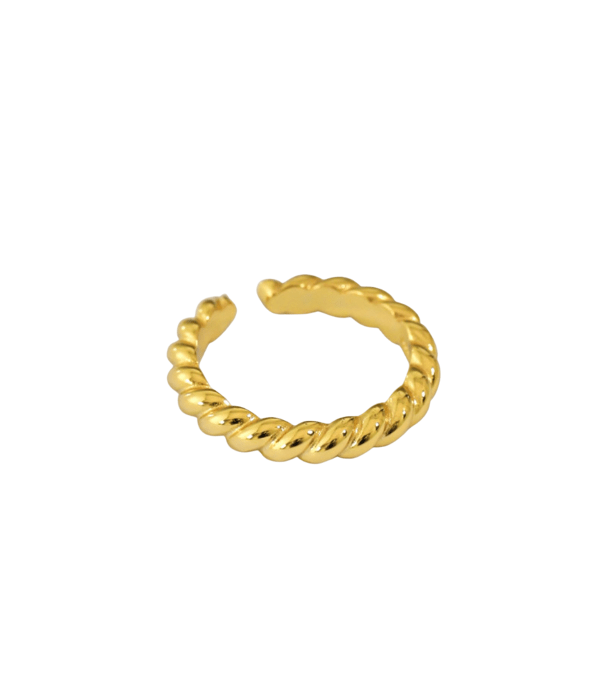 A gold plated ring with a twisting rope detailed band. The ring has an open band design.