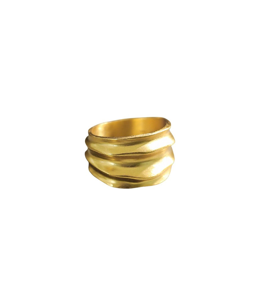 A gold plated ring. The ring has a thick band with ridges and valleys.