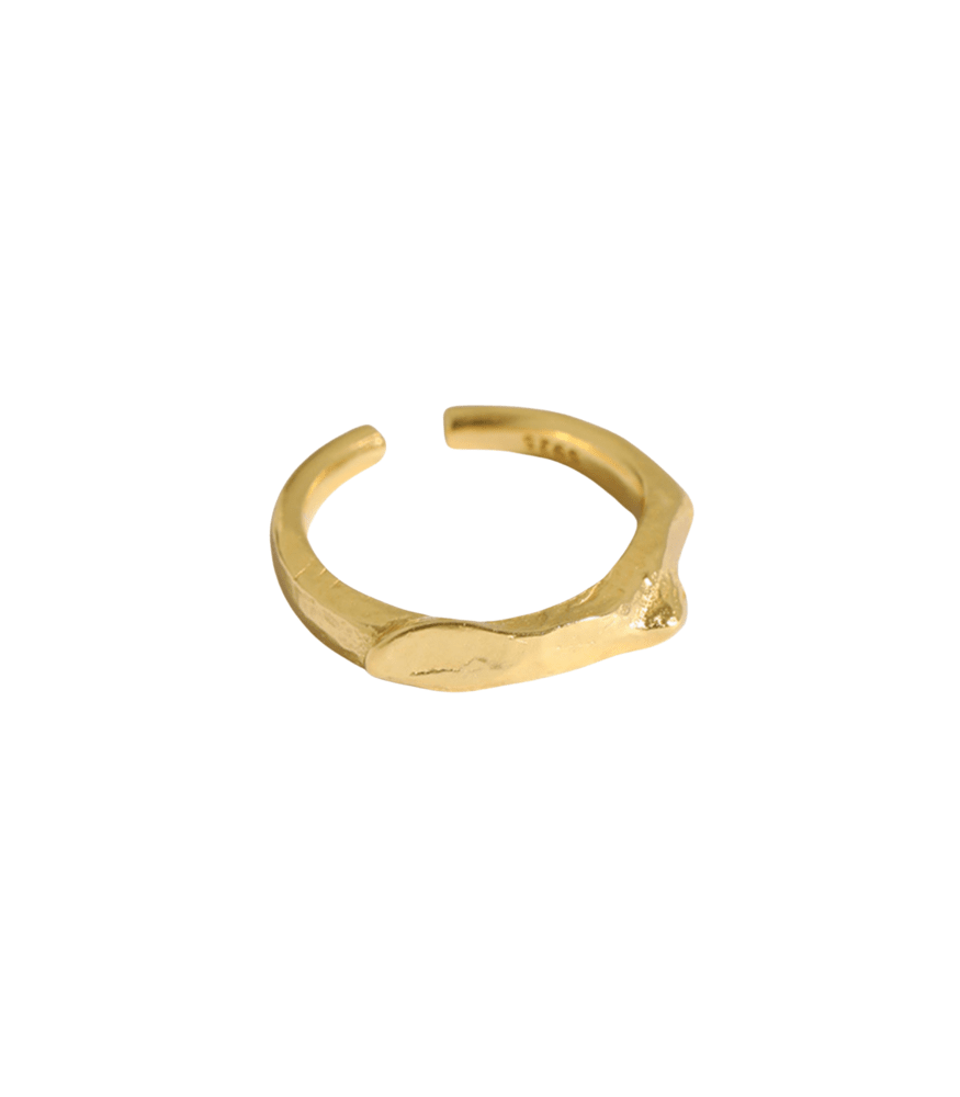 A gold plated ring. The ring has an open band design with a minimal aesthetic and an organic rocky texture.