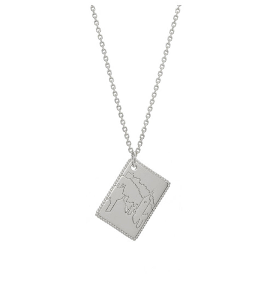 A sterling silver necklace. The necklace has a dainty chain with a postcard pendant which is engraved with details from Edinburgh City.