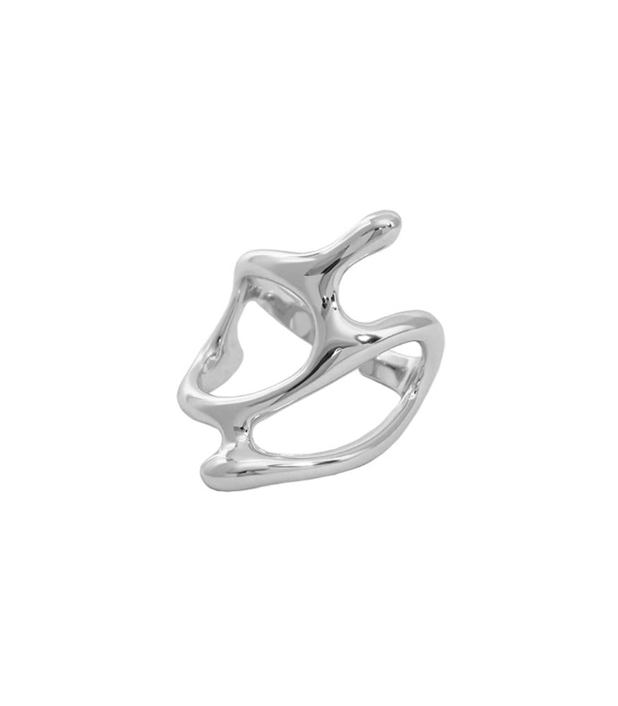 A sterling silver ring with a smooth and polished texture. The shape of the ring resembles waters slow movements.