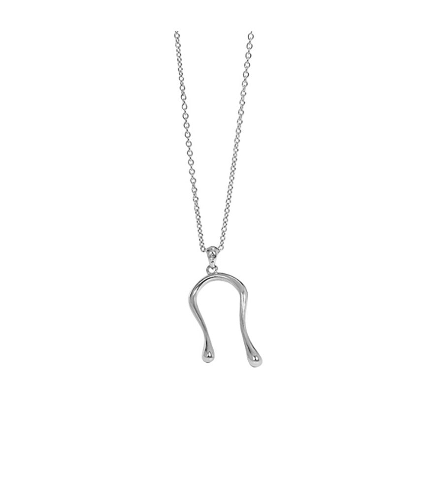A sterling silver necklace with a liquid curve pendant. The pendant closely resembles water droplets.