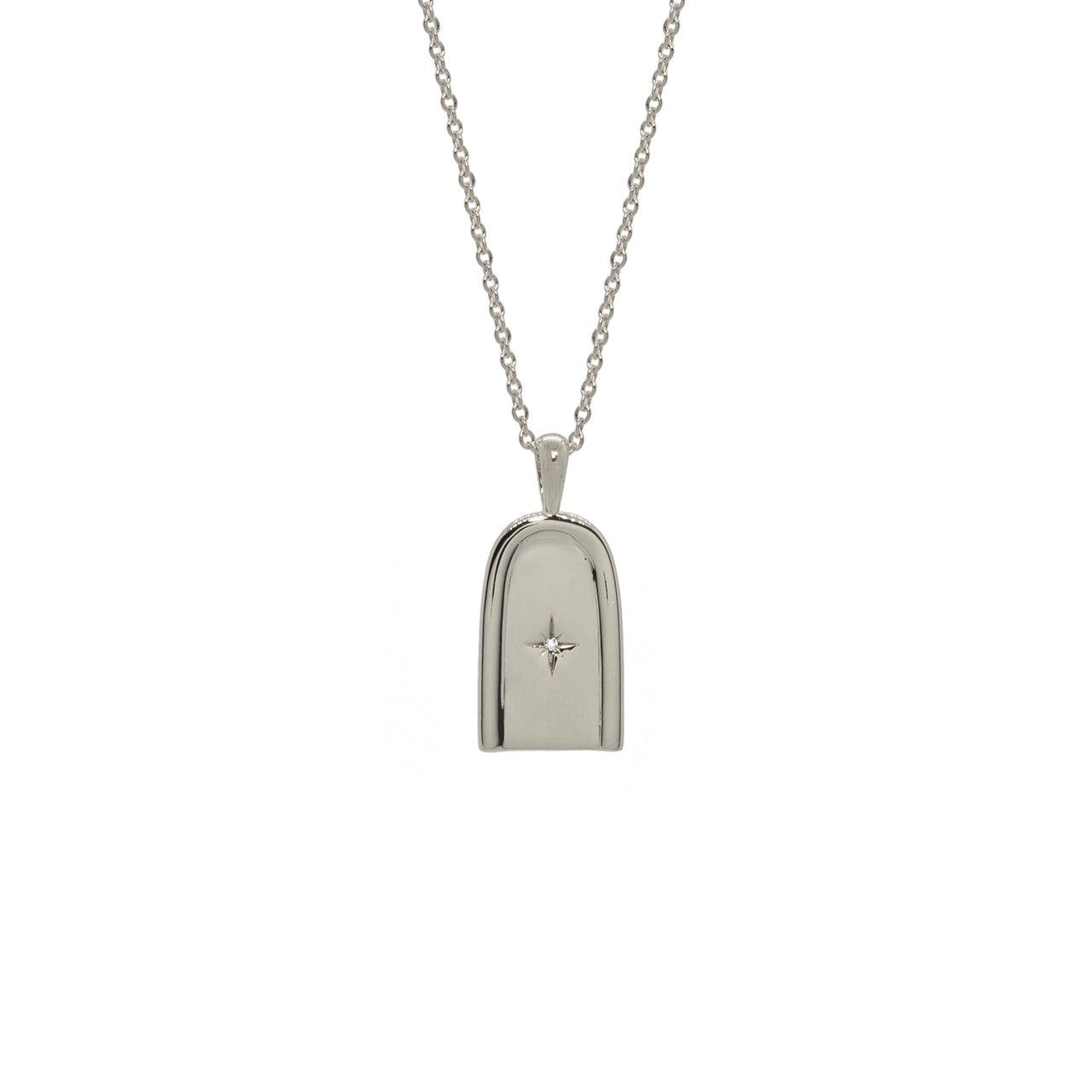 A sterling silver necklace. The necklace has a dainty chain featuring an arch pendant.
